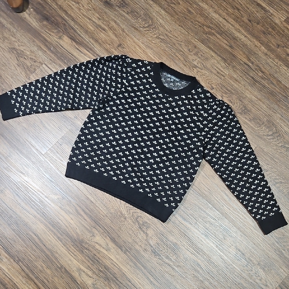 80s Style Adrianna Papell Black Knit Sweater w/White Fair Isle, Size Medium - Picture 3 of 10